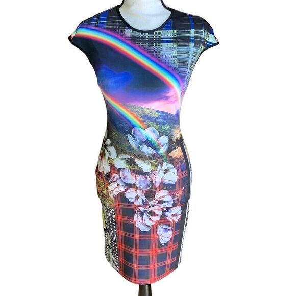 Clover Canyon Ashford Castle Neoprene Rainbow Ireland Bodycon Dress XS $295 NWT - Picture 1 of 15